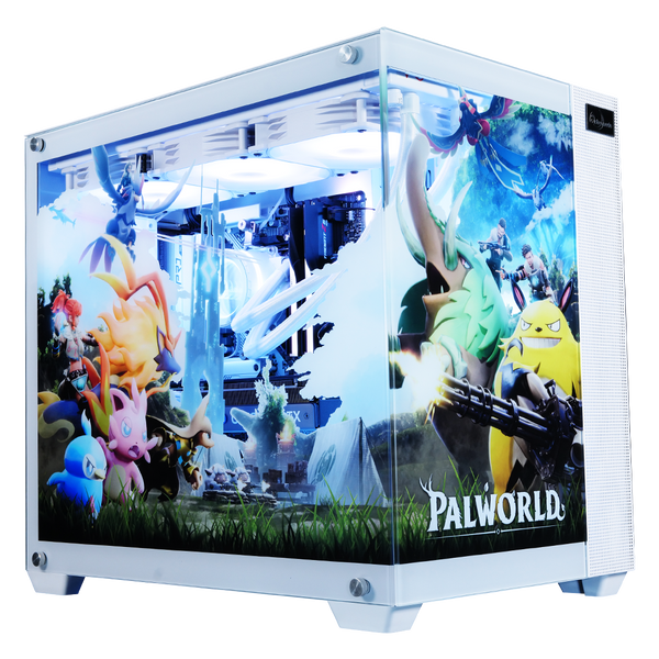 Palworld×Astromeda Collaboration Gaming PC Middle Model main visual white case glass panel both sides with multiple Pal characters PALWORLD logo internal RGB fans