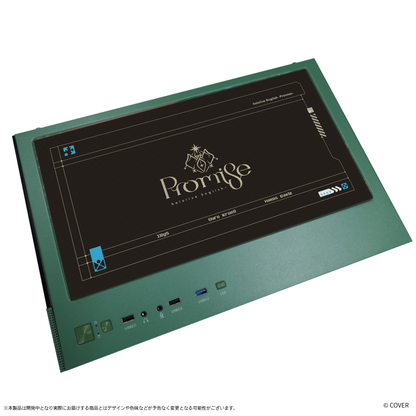 『hololive English』×Astromeda コラボゲーミングPC着せ替えパネル【Promise】 グリーン筐体 トップメッシュパネル装着ビュー（Promiseロゴ）