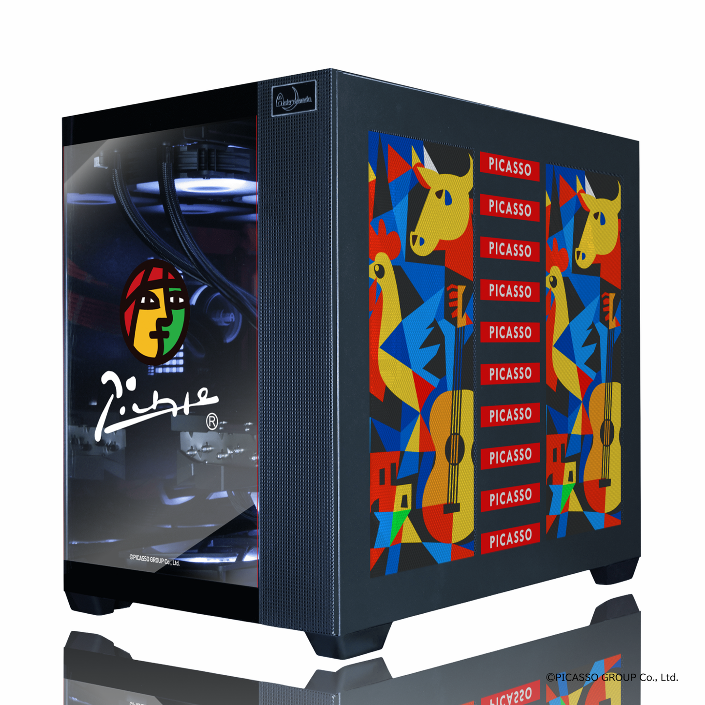 『PICASSO®』×Astromeda コラボPC Intel特選モデル 別角度外観 左側面PICASSO顔ロゴ Picassoサイン 右側面Yellow Belt柄 両面デザイン