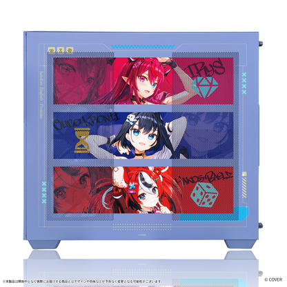 『hololive English』×Astromeda コラボゲーミングPC着せ替えパネル【Promise】 パープル筐体 サイドパネル装着ビュー（IRyS／Ouro Kronii／Hakos Baelz）