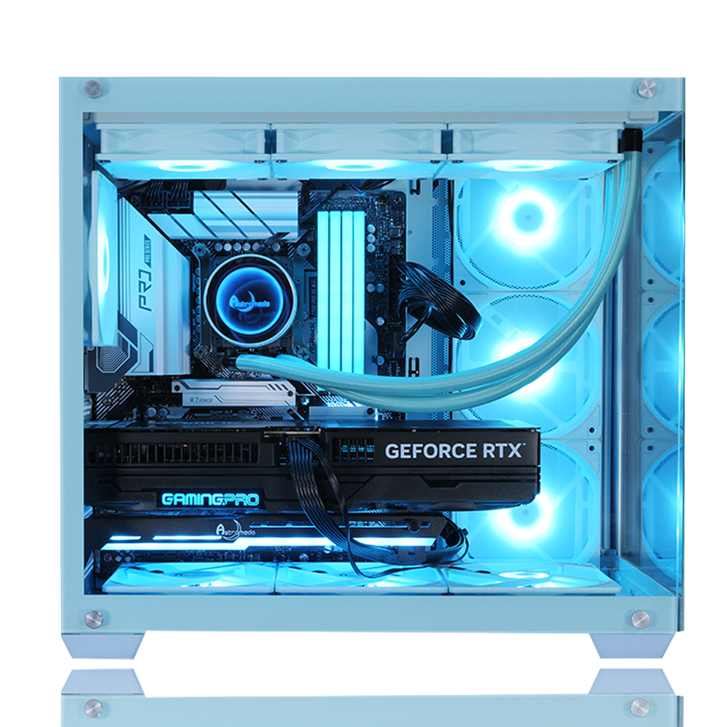 【Astromeda GAMER ライトブルー(Light Blue)】Ryzen7 5700X/RTX 5070 12GB 水色 ゲーミングPC 内部詳細ビュー 360mm CPUクーラーで強力冷却