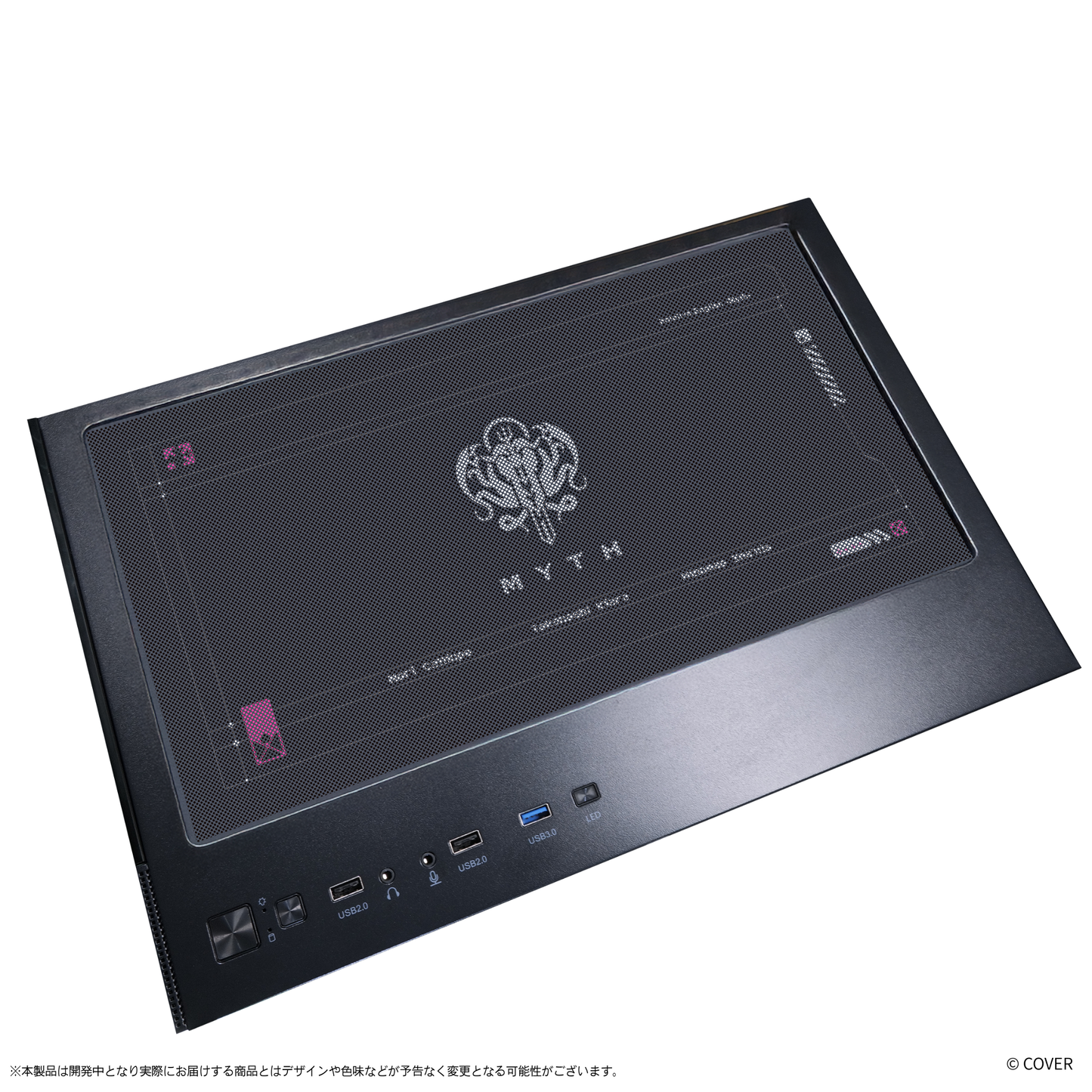 『hololive English』×Astromeda コラボゲーミングPC着せ替えパネル【Myth】 ブラック筐体 トップメッシュパネル装着ビュー（MYTHロゴ）
