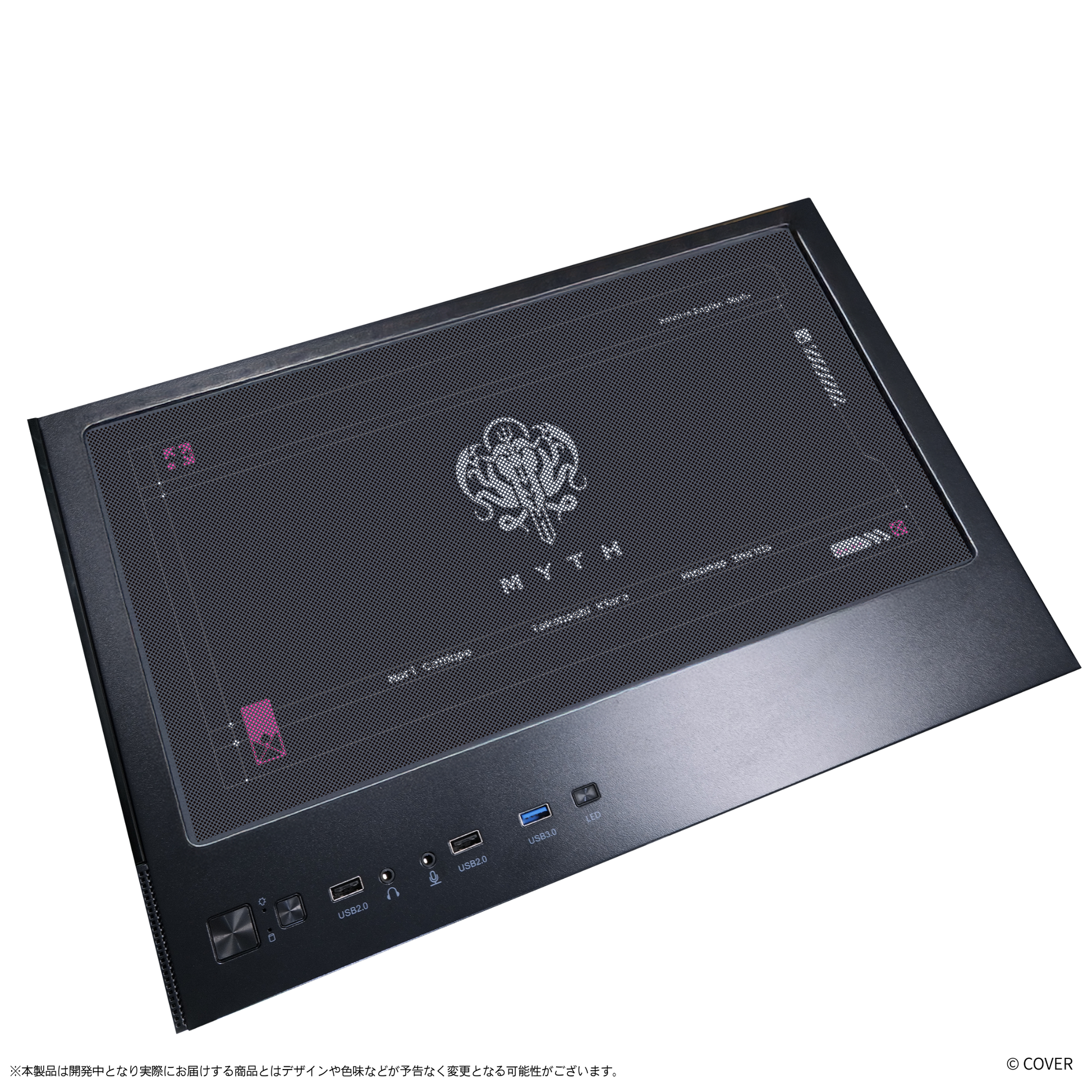 『hololive English』×Astromeda コラボゲーミングPC着せ替えパネル【Myth】 ブラック筐体 トップメッシュパネル装着ビュー（MYTHロゴ）