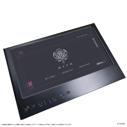 『hololive English』×Astromeda コラボゲーミングPC着せ替えパネル【Myth】 ブラック筐体 トップメッシュパネル装着ビュー（MYTHロゴ）