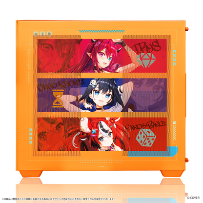 『hololive English』×Astromeda コラボゲーミングPC着せ替えパネル【Promise】 オレンジ筐体 サイドパネル装着ビュー（IRyS／Ouro Kronii／Hakos Baelz）
