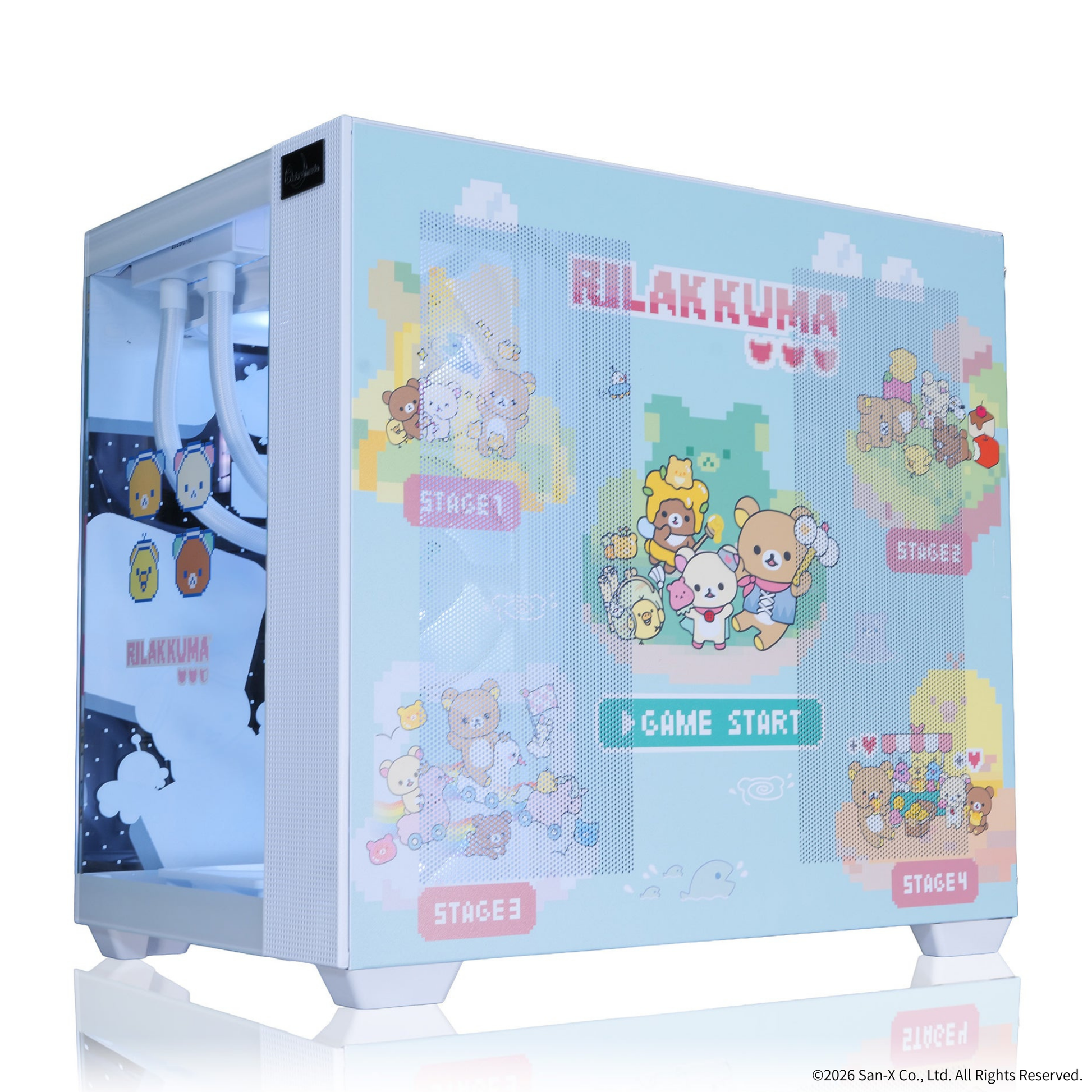 「リラックマ」コラボPCケース 別角度外観 左側面ピクセルアートデザイン 内部見え RILAKKUMAロゴ青