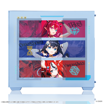 『hololive English』×Astromeda コラボゲーミングPC着せ替えパネル【Promise】 ライトブルー筐体 サイドパネル装着ビュー（IRyS／Ouro Kronii／Hakos Baelz）