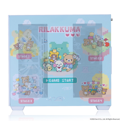 「リラックマ」コラボPCケース 左側面ピクセルアート柄 RILAKKUMAタイトル STAGE1-4 リラックマ・コリラックマ・キイロイトリゲームキャラ風 レトロゲーム風水色デザイン