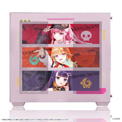 『hololive English』×Astromeda コラボゲーミングPC着せ替えパネル【Myth】 ピンク筐体 サイドパネル装着ビュー（Mori Calliope／Takanashi Kiara／Ninomae Ina’nis）
