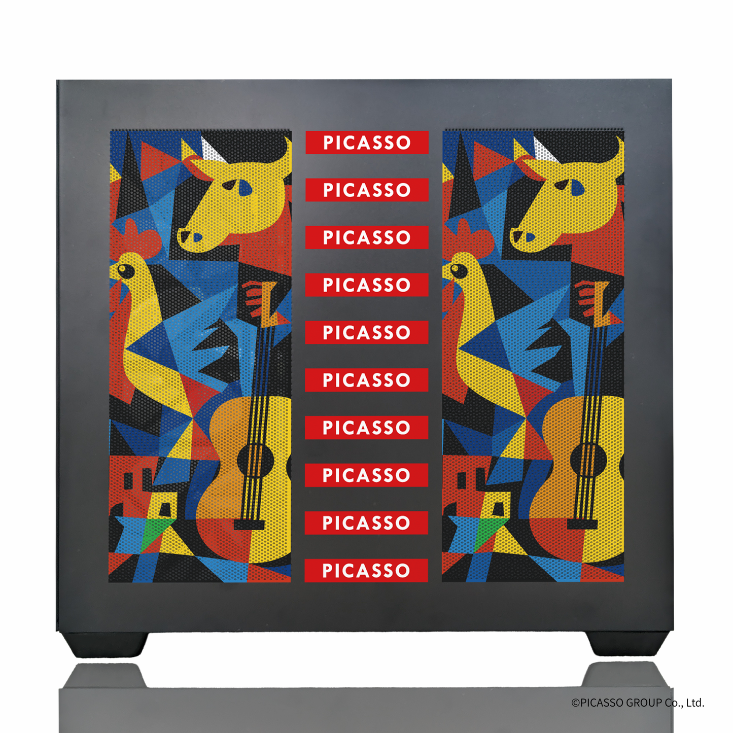 『PICASSO®』×Astromeda コラボPC AMDエントリーモデル 右側面パネル Yellow Belt風アート PICASSOロゴ赤帯 メッシュフロント