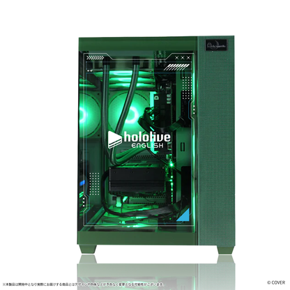 『hololive English』×Astromeda コラボゲーミングPC着せ替えパネル【Promise】 グリーン筐体 フロントガラスパネル装着時の内部ビュー（hololive Englishロゴ入り）