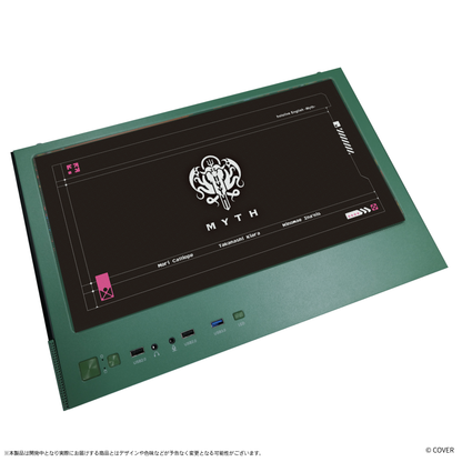 『hololive English』×Astromeda コラボゲーミングPC着せ替えパネル【Myth】 グリーン筐体 トップメッシュパネル装着ビュー（MYTHロゴ）