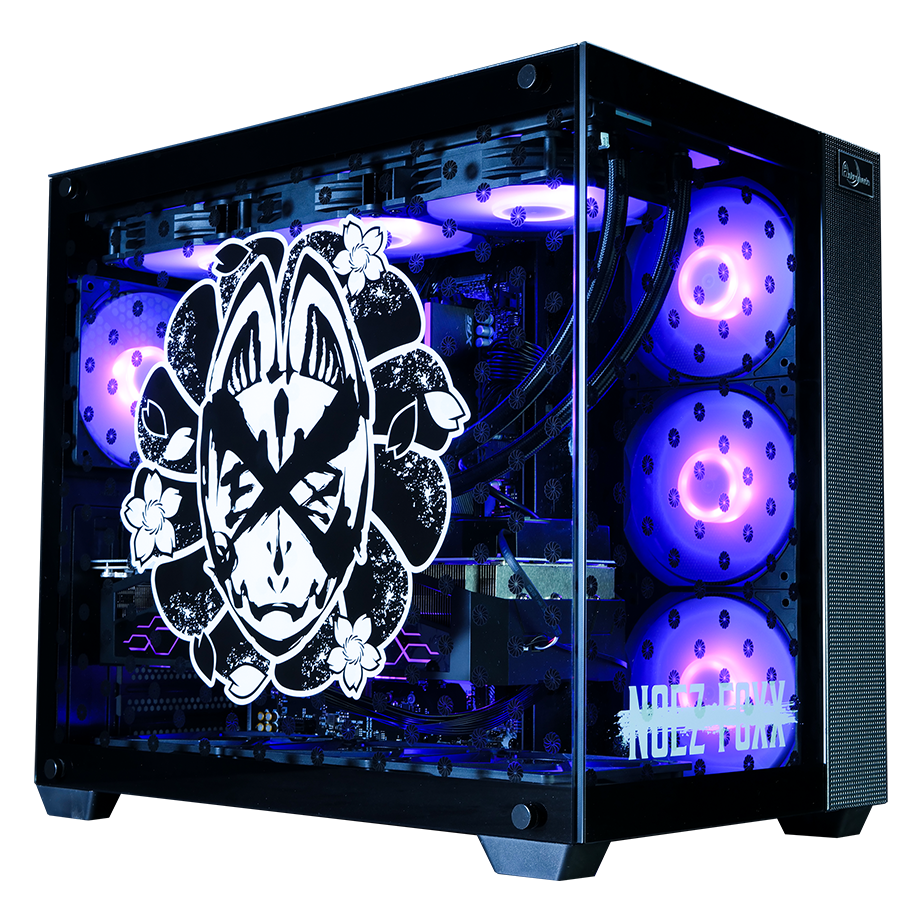 NOEZ FOXX×Astromeda コラボゲーミングPC ミドルモデル ブラック筐体 メインビジュアル ガラスパネルにNOEZ FOXXロゴ(キツネ仮面・三猿・桜花レイアウト) RGBファン×3搭載 i5 14400F+RTX 4060