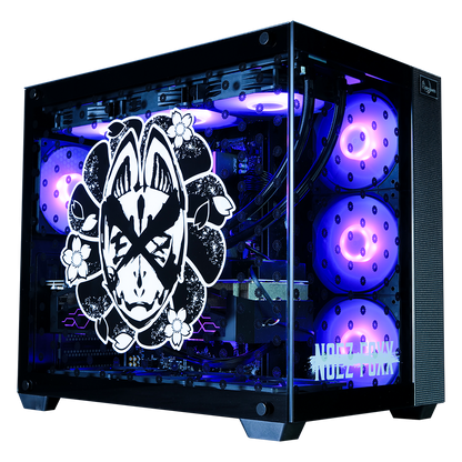 NOEZ FOXX×Astromeda コラボゲーミングPC ミドルモデル ブラック筐体 メインビジュアル ガラスパネルにNOEZ FOXXロゴ(キツネ仮面・三猿・桜花レイアウト) RGBファン×3搭載 i5 14400F+RTX 4060