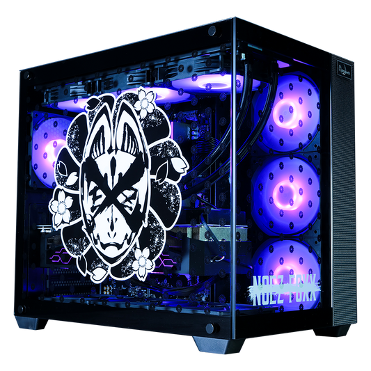 NOEZ FOXX×Astromeda コラボゲーミングPC ハイモデル ブラック筐体 メインビジュアル ガラスパネルにNOEZ FOXXロゴ(キツネ仮面・三猿・桜花レイアウト) RGBファン×3搭載 i7 14700F+RTX 4070 Super