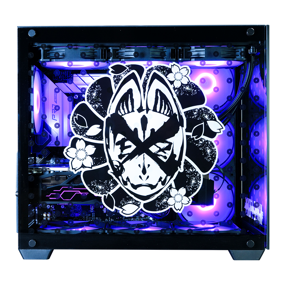 NOEZ FOXX コラボPC ミドルモデル ブラック筐体 フロント正面ビュー NOEZ FOXXロゴ拡大 RGBバックライト紫色 内部見え