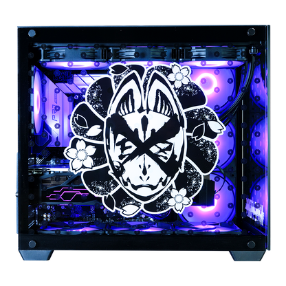 NOEZ FOXX コラボPC ミドルモデル ブラック筐体 フロント正面ビュー NOEZ FOXXロゴ拡大 RGBバックライト紫色 内部見え