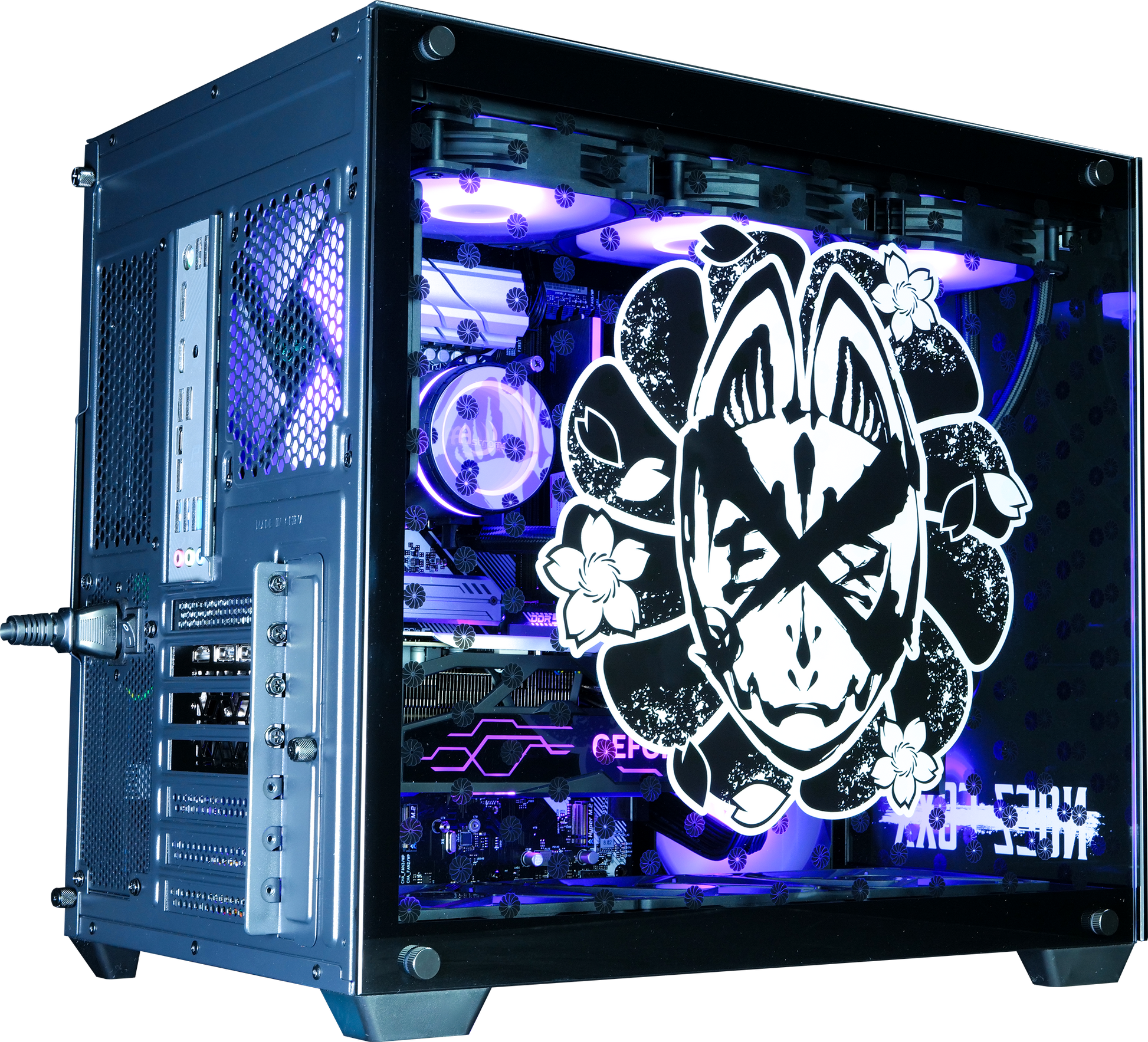 NOEZ FOXX コラボPC ミドルモデル ブラック筐体 別角度外観 NOEZ FOXXロゴ拡大 GIGABYTE GeForce AERO マザーボード搭載
