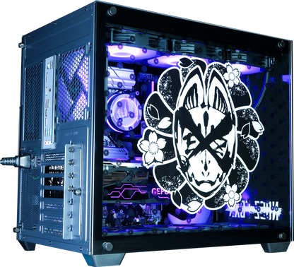 NOEZ FOXX コラボPC ミドルモデル ブラック筐体 別角度外観 NOEZ FOXXロゴ拡大 GIGABYTE GeForce AERO マザーボード搭載