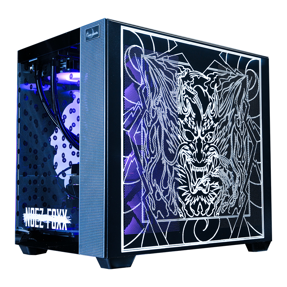 NOEZ FOXX コラボPC ミドルモデル ブラック筐体 右側面 ファンタジー獅子ドラゴンアートパネル 装飾デザイン