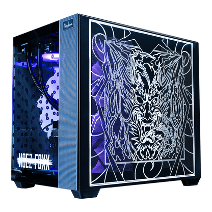 NOEZ FOXX コラボPC ミドルモデル ブラック筐体 右側面 ファンタジー獅子ドラゴンアートパネル 装飾デザイン