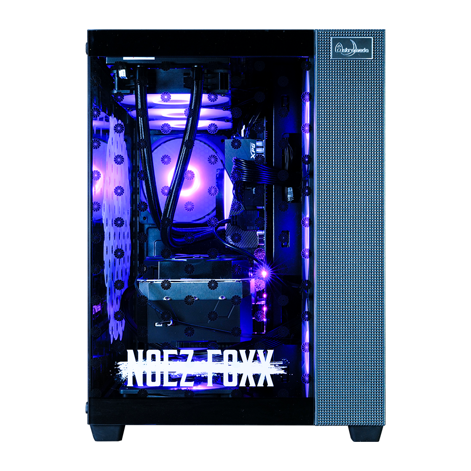NOEZ FOXX コラボPC ミドルモデル ブラック筐体 内部詳細 360mm水冷ラジエーター NOEZ FOXXロゴ内部RGBライティング