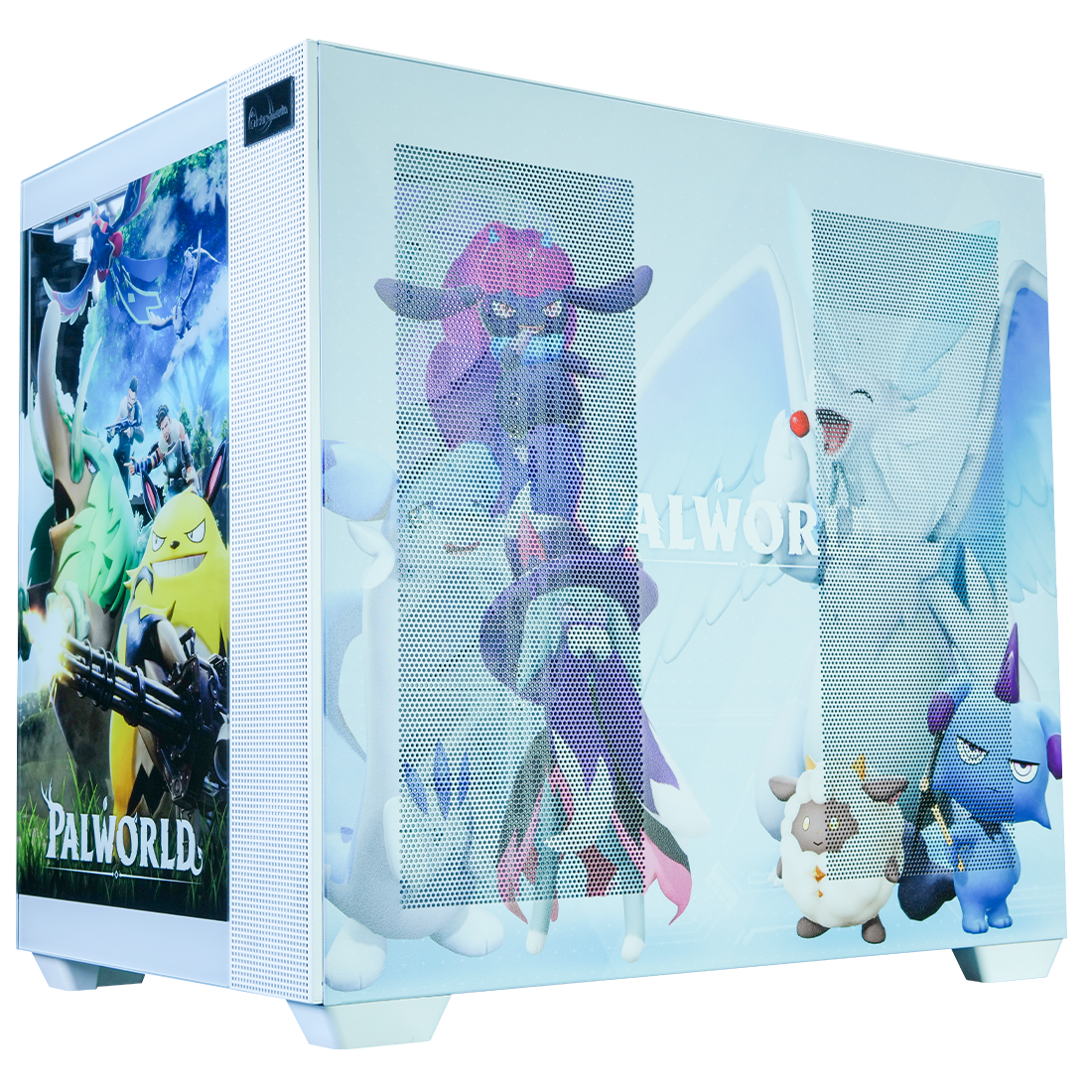 Palworld コラボPC ミドルモデル 別角度外観 サイドパネルに紫色獅子型パルキャラ PALWORLDロゴ