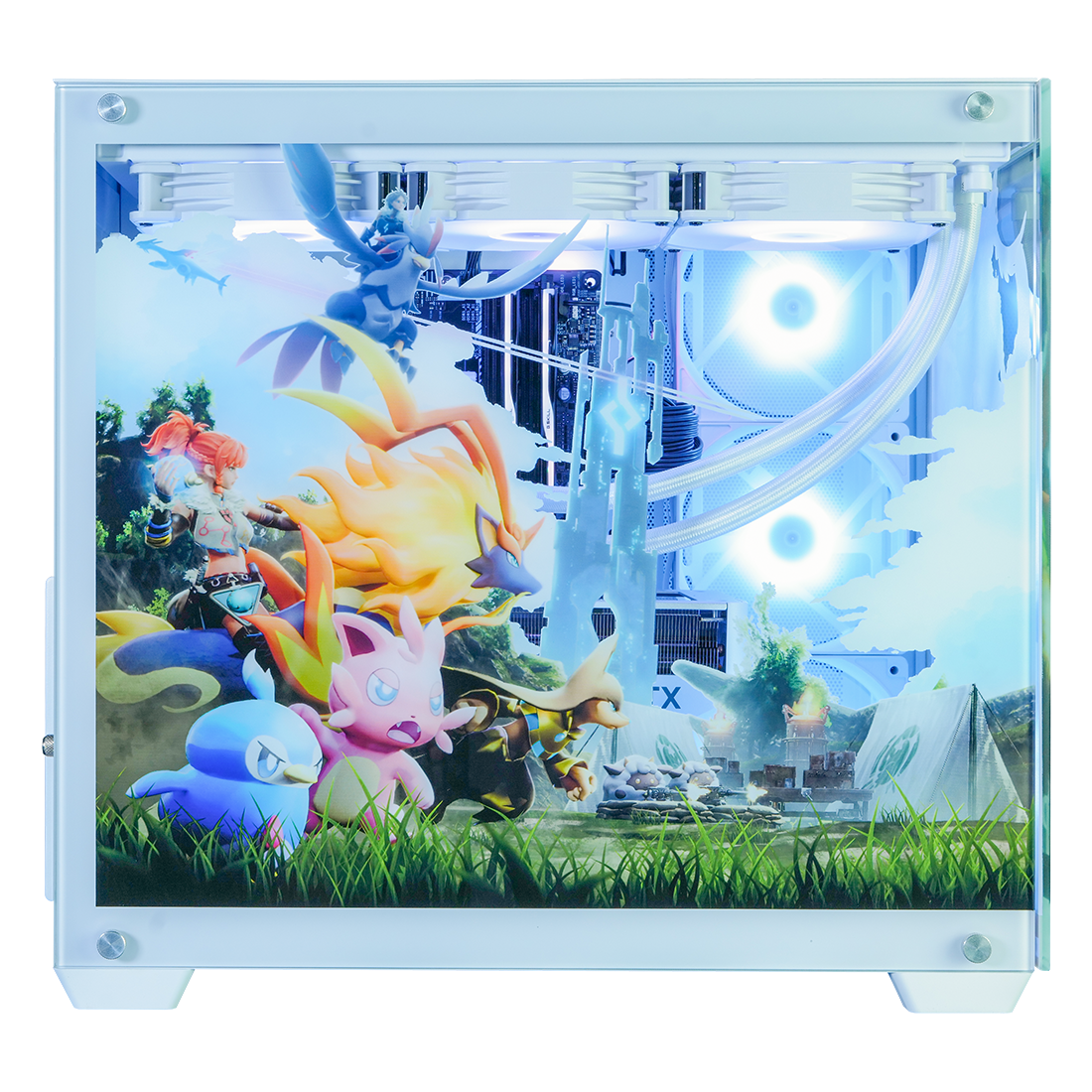 Palworld コラボPC ハイモデル 左サイド斜めビュー フロント面パルキャラクター集合風景デザイン ファンタジー世界観