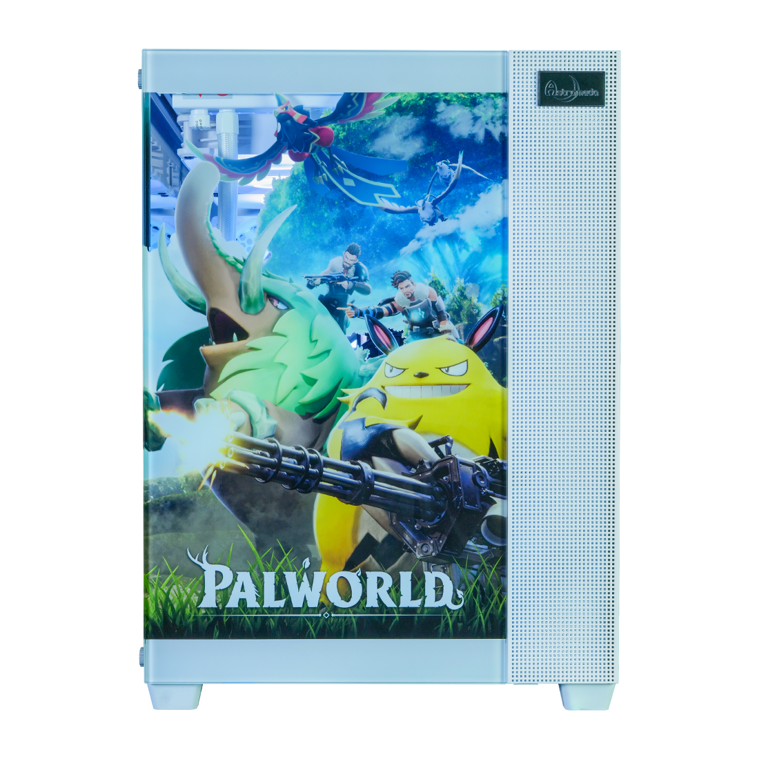 Palworld コラボPC ハイモデル 左側面パネル パルキャラクター(緑色鳥/恐竜系)風景 PALWORLDロゴ