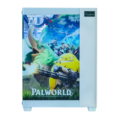 Palworld コラボPC ハイモデル 左側面パネル パルキャラクター(緑色鳥/恐竜系)風景 PALWORLDロゴ
