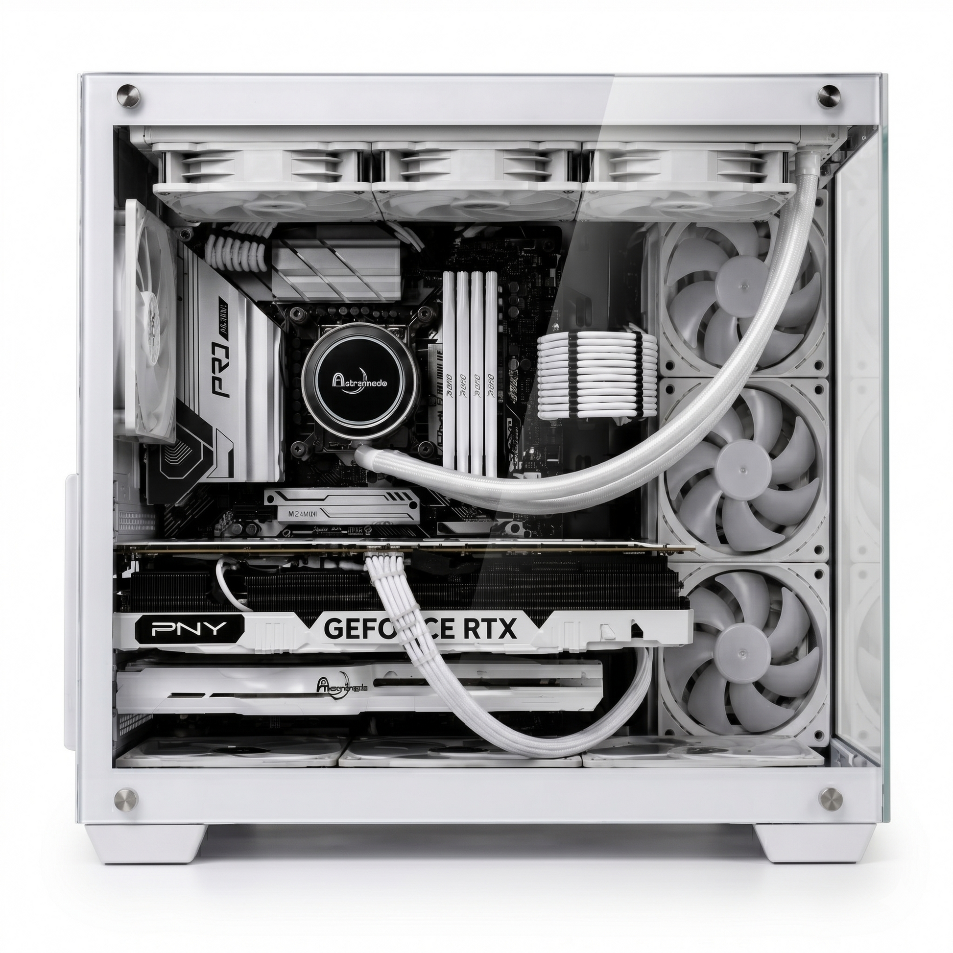 【Astromeda GAMER】Core Ultra 7 265F/RTX 5060 Ti 8GB ゲーミングPC White筐体 内部正面 PNY GeForce RTX 360mm水冷