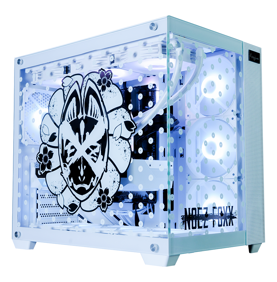 NOEZ FOXX×Astromeda コラボゲーミングPC ミドルモデル ホワイト筐体 メインビジュアル ガラスパネルにNOEZ FOXXロゴ(キツネ仮面・三猿・桜花レイアウト) RGBファン×3搭載 i5 14400F+RTX 4060