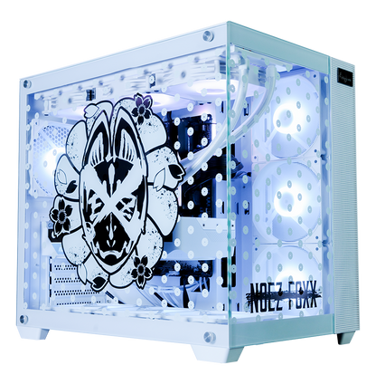 NOEZ FOXX×Astromeda コラボゲーミングPC ミドルモデル ホワイト筐体 メインビジュアル ガラスパネルにNOEZ FOXXロゴ(キツネ仮面・三猿・桜花レイアウト) RGBファン×3搭載 i5 14400F+RTX 4060