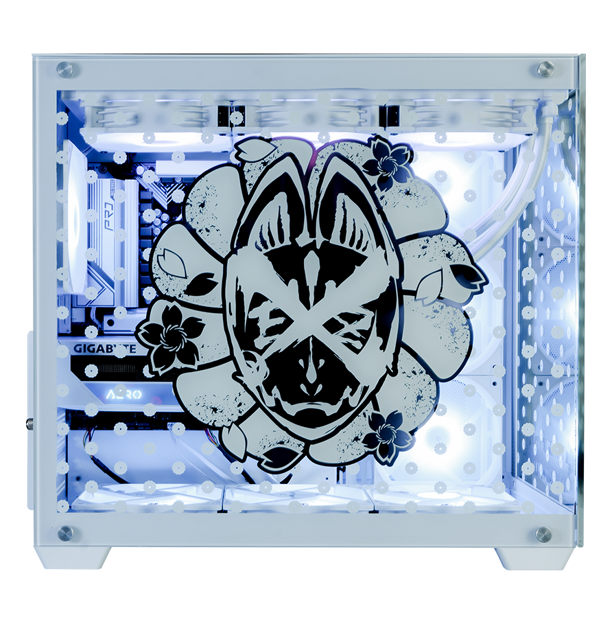 NOEZ FOXX コラボPC ミドルモデル ホワイト筐体 フロント正面ビュー NOEZ FOXXロゴ拡大 RGBバックライト白×青 内部見え