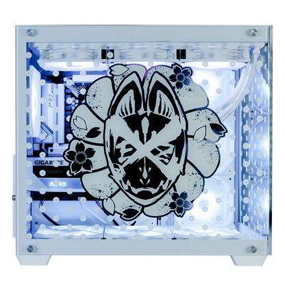 NOEZ FOXX コラボPC ミドルモデル ホワイト筐体 フロント正面ビュー NOEZ FOXXロゴ拡大 RGBバックライト白×青 内部見え