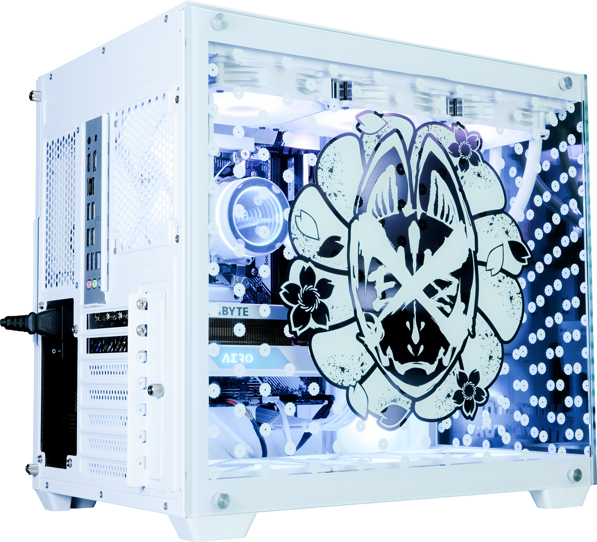 NOEZ FOXX コラボPC ミドルモデル ホワイト筐体 別角度外観 NOEZ FOXXロゴ拡大 GIGABYTE GeForce AERO マザーボード搭載