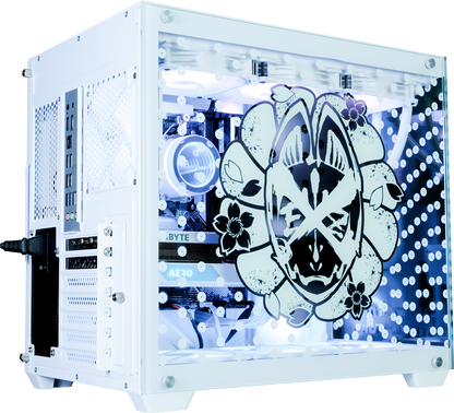 NOEZ FOXX コラボPC ミドルモデル ホワイト筐体 別角度外観 NOEZ FOXXロゴ拡大 GIGABYTE GeForce AERO マザーボード搭載