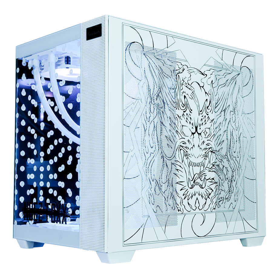 NOEZ FOXX コラボPC ミドルモデル ホワイト筐体 右側面 ファンタジー獅子ドラゴンアートパネル 白系装飾デザイン