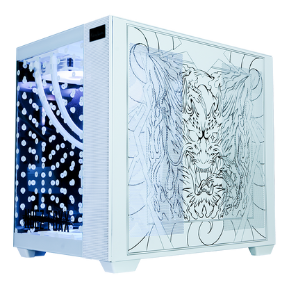 NOEZ FOXX コラボPC ミドルモデル ホワイト筐体 右側面 ファンタジー獅子ドラゴンアートパネル 白系装飾デザイン