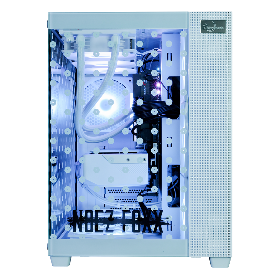 NOEZ FOXX コラボPC ミドルモデル ホワイト筐体 内部詳細 360mm水冷ラジエーター NOEZ FOXXロゴ内部白系ライティング