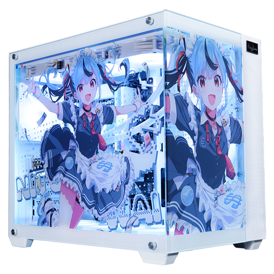 新兎わい×Astromeda コラボゲーミングPC ハイエンドモデル メインビジュアル ホワイト筐体 ガラスパネルに新兎わい描き下ろし(青髪メイド服) 兎モチーフデザイン 最上位構成