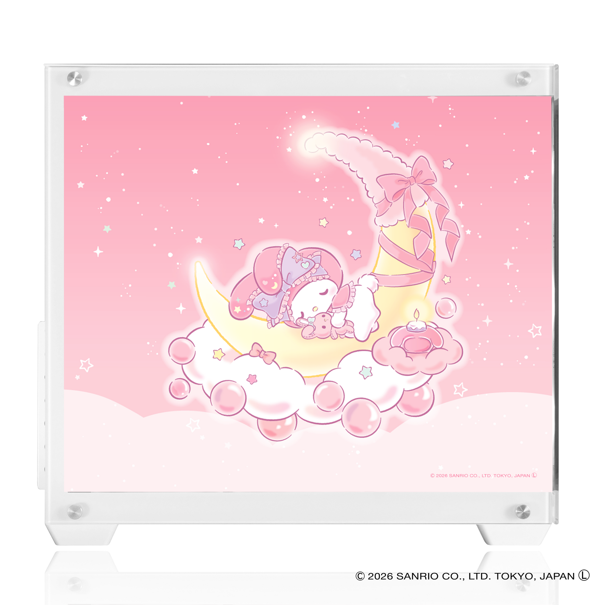 『サンリオキャラクターズ』×Astromeda コラボゲーミングPCケース【マイメロディ】 ホワイト筐体 正面サイドガラス（ピンク空＋眠りマイメロディ＆三日月）